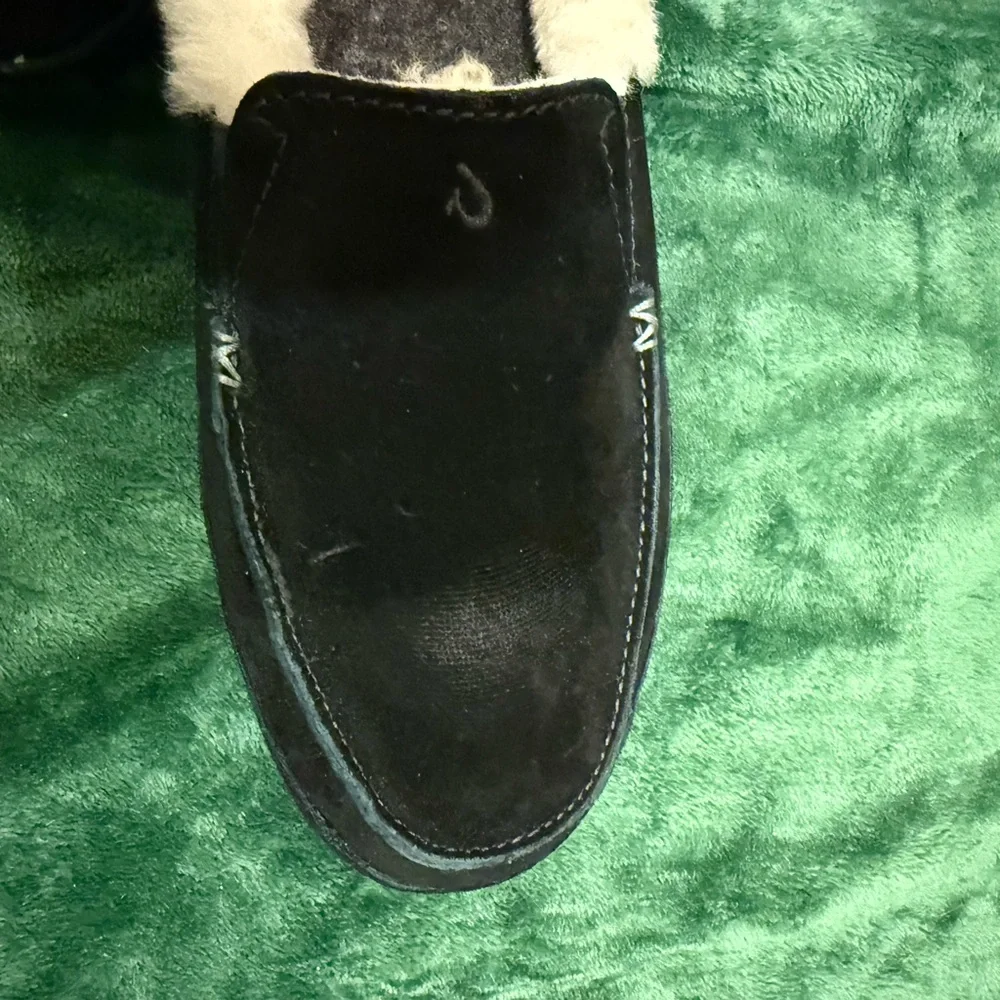 NWOT Olukai Ku'una Slipper Shoes Women's 7 Black Suede Shearling Moccasin